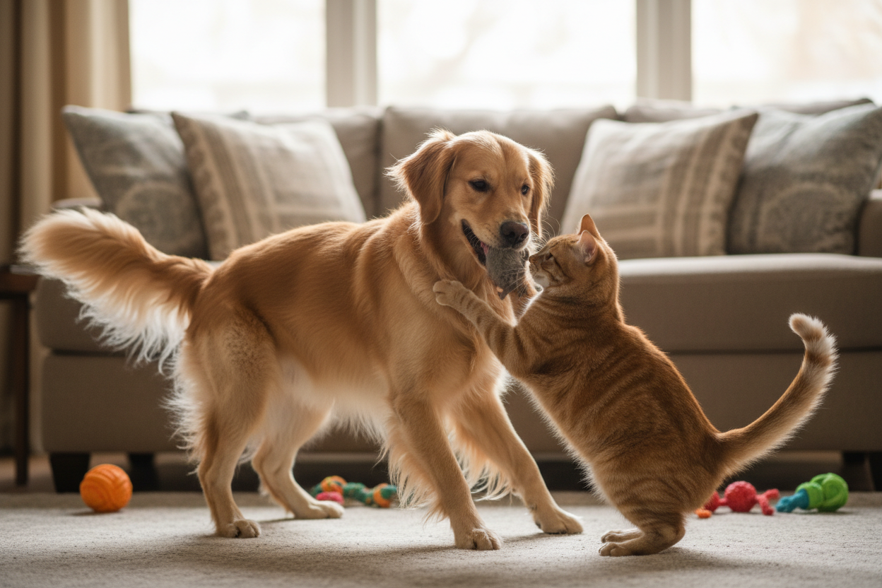 Chien et chat jouant ensemble